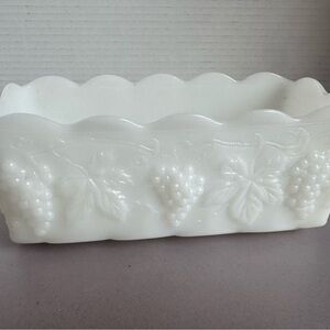 Vintage Fire King Milk Glass Serving Bowl, Grape Leaf Pattern